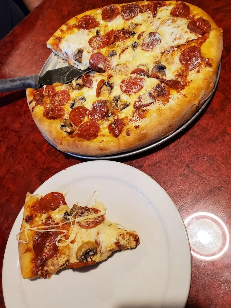 Pepperoni Sausage Pizza w Half Mushrooms and Black Olives